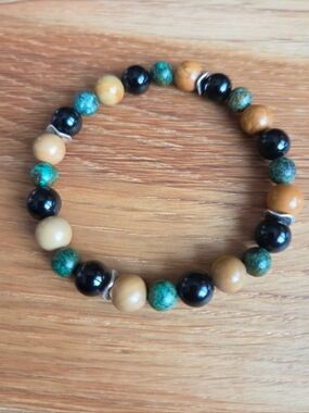 Black Onyx, Turquoise, Wood Skin Jasper Beads Bracelet, Hand Crafted, Stretch